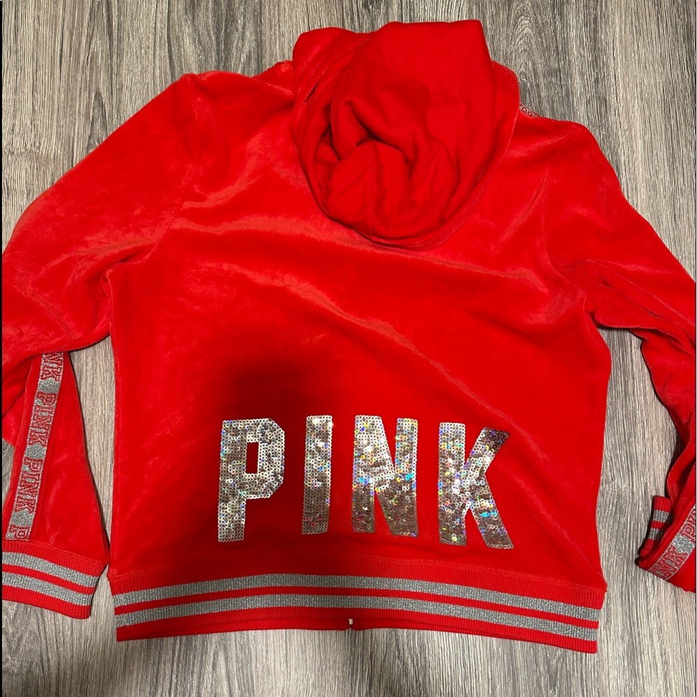 PINK Victoria's Secret Red Velour Sequin Logo Hoodie